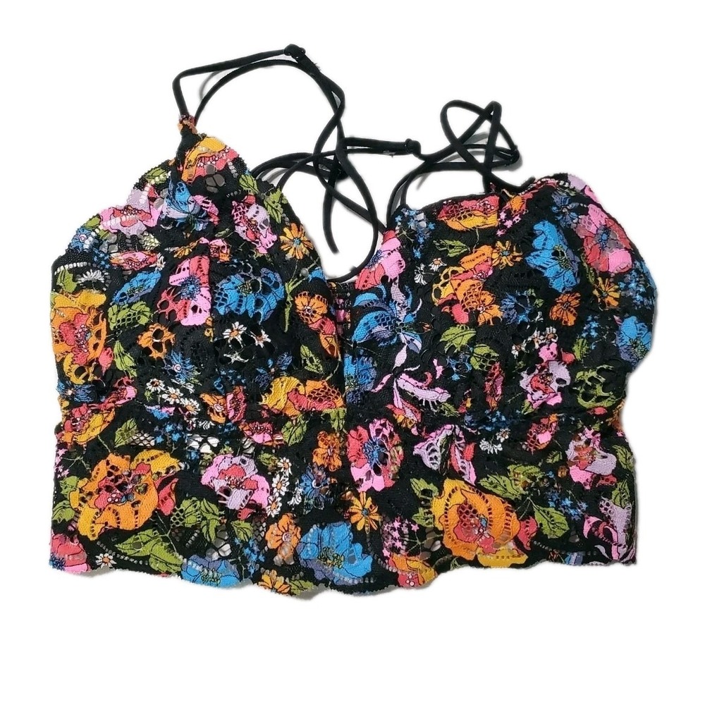 Victoria's Secret PINK Floral Lace Bralette‎ S P/CH Black Multicolor Strappy Top